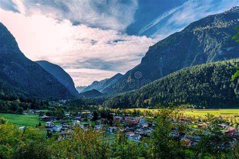 Panoramic View Of Oetz Village Situated In The Austrian Oetztal Valley