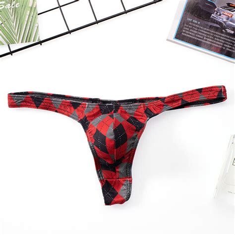 Men Plaid Low Rise Bikini Thong G String Briefs Underwear Swimwear