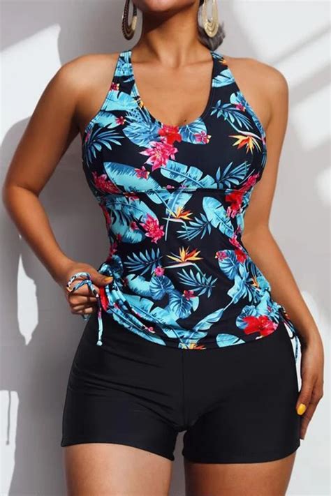 Tropical Print Drawstring Side Tankini Set Flamingo Shop