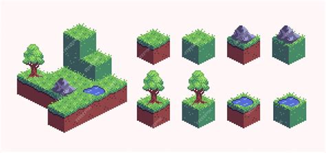 Premium Vector Isometric Landscape Blocks Pixel Art Set Map Builder Square Biome Tiles