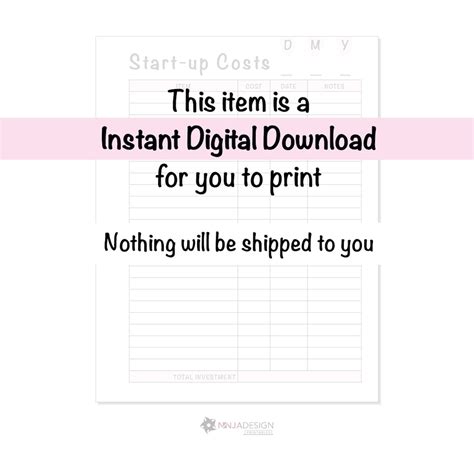 Printable Start Up Cost Sheet For Business Etsy