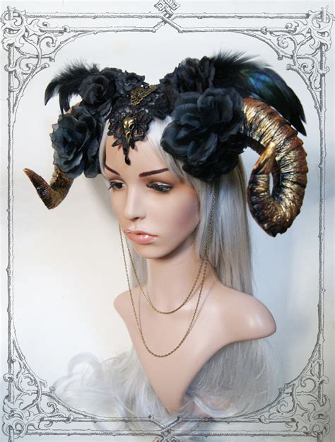 Ram Horn Headdress Gold Roses Goth Fantasy Headpiece Etsy