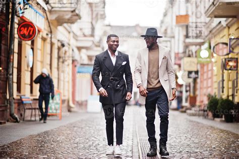 Two Fashion Black Men Walking On Street Fashionable Portrait Of