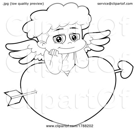 Cartoon Black And White Cupid Baby Boy On A Heart Struck With An Arrow