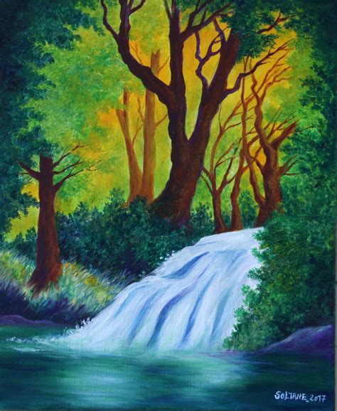 Cascade Dans La Forêt Peinture par Hocine Soltane Artmajeur