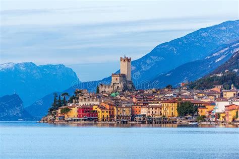 Lake Garda And The Malcesine Village At Sunset Veneto Italy Editorial