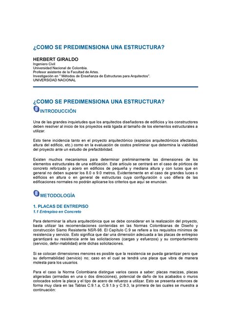 Predimensionamiento De Estructura ¿como Se Predimensiona Una Estructura Herbert Giraldo