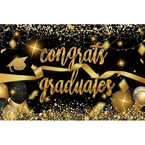 Gold And Black Congrats Grad Backdrop Golden Stars Balloons Trencher Cap Prom Party Customized