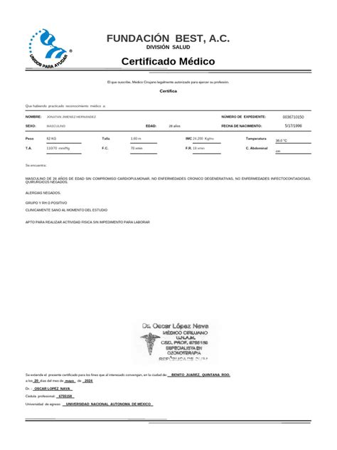 Copia De Certificado Medico Formato 21 Pdf