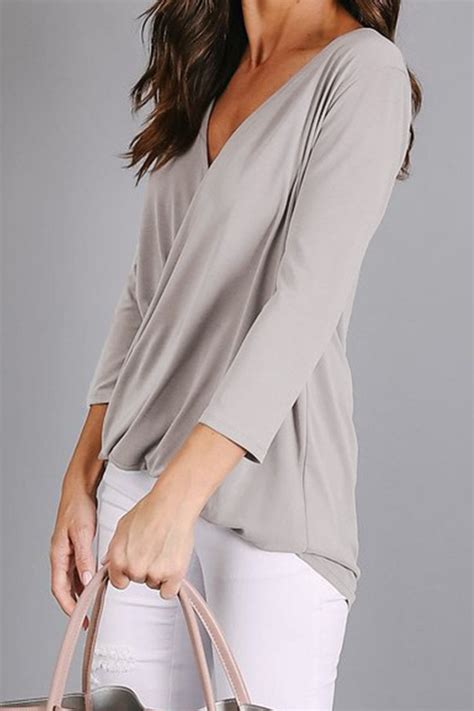 Blair Women V Neck 3 4 Sleeve Casual Lightweight Blouse Light Gray