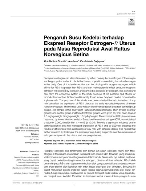 Pdf Pengaruh Susu Kedelai Terhadap Ekspresi Reseptor Estrogen Β Uterus Pada Masa Reproduksi