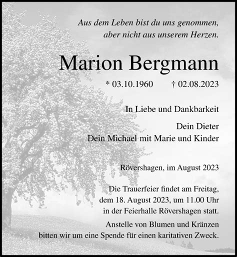 Traueranzeigen Von Marion Bergmann Trauer Anzeigen De