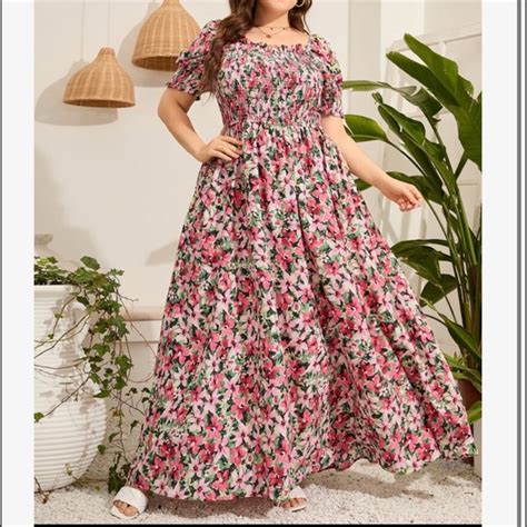 Dresses Bohemian Boho Plus Size Floral Print Smocked Maxi Dress