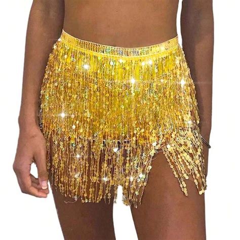 Victray Boho Sequin Tassel Skirt Sparkly Belly Dance Belt Skirts Hip