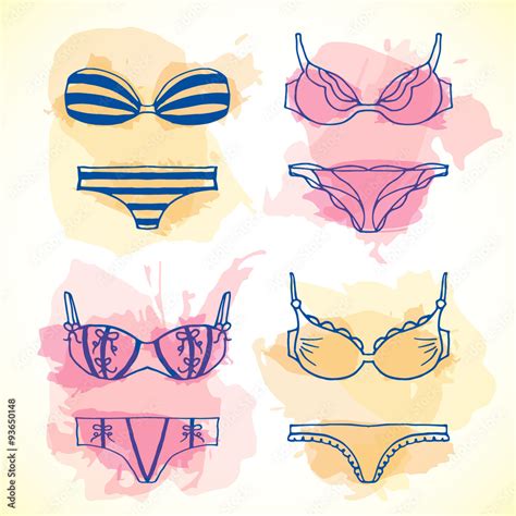Lingerie Hand Drawn Set Vector Underwear Design Outline Illustration With Splashes On