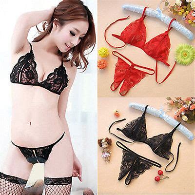 Black Lace Sexy Open Crotch Knickers And Peephole Bra Set Lingerie EBay