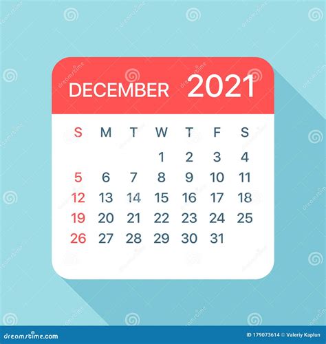 Ilustración Vectorial De Hoja De Calendario De Diciembre De 2021 Stock