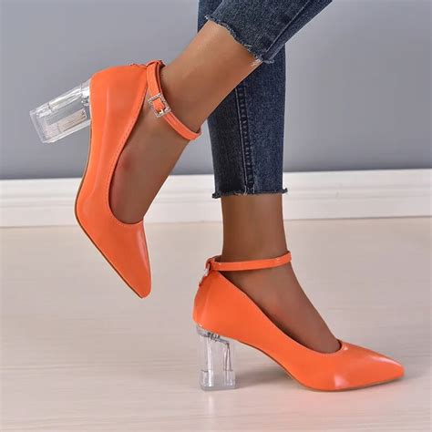 Ankle Strap Pimp Kristalle Schnalle 7cm Transparent Quadrat Pumpen