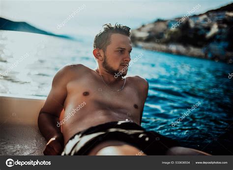 Sexy Muscular Man Yacht Club Warm Sunny Day Concept Traveling Stock