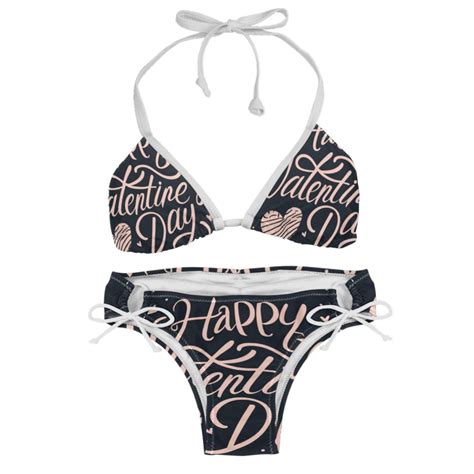 Valentine S Day Font Detachable Sponge Adjustable Strap Bikini Set Two Pack Swim Suits For
