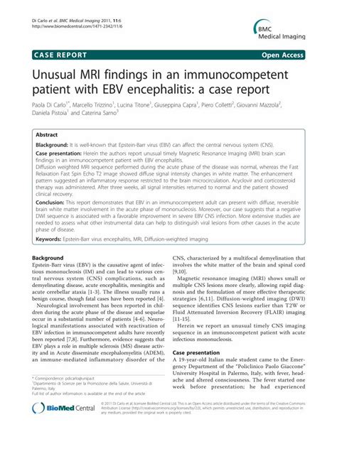 Pdf Unusual Mri Findings In An Immunocompetent Patient With Ebv