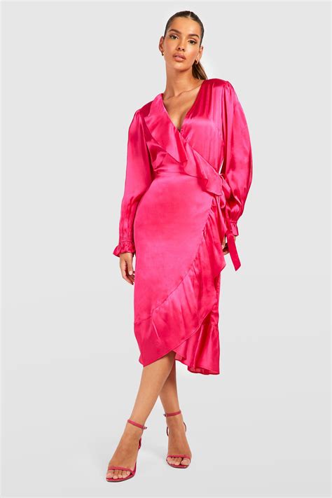 Satin Ruffle Wrap Skater Pink Midi Dress