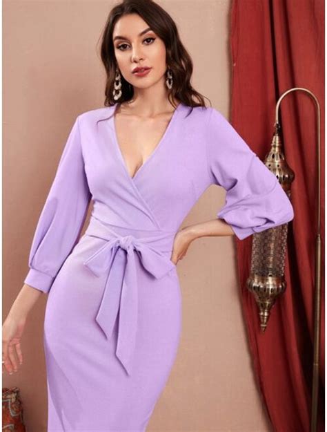 Buy Shein Self Belted Split Hem Surplice Wrap Dress Online Topofstyle