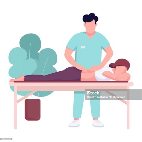 Hospital Masseur And Patient Flat Color Vector Faceless Character