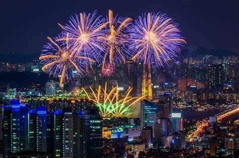 Premium Photo | Colorful fireworks in seoul ,south korea