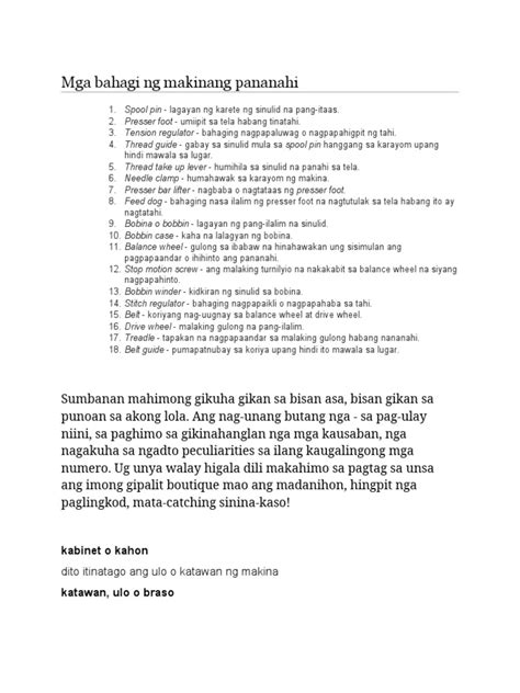 Mga Bahagi Ng Makinang Pananahi Pdf