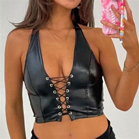 Femmes Mode Casual Sexy Cuir Lingerie Halter Bandage Gilet Sous Vêtements Noir Noir Cdiscount