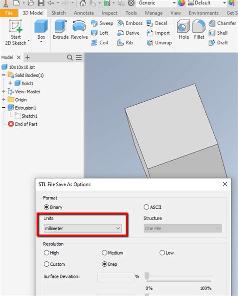 La exportación de archivos STL con unidades en mm desde Inventor genera