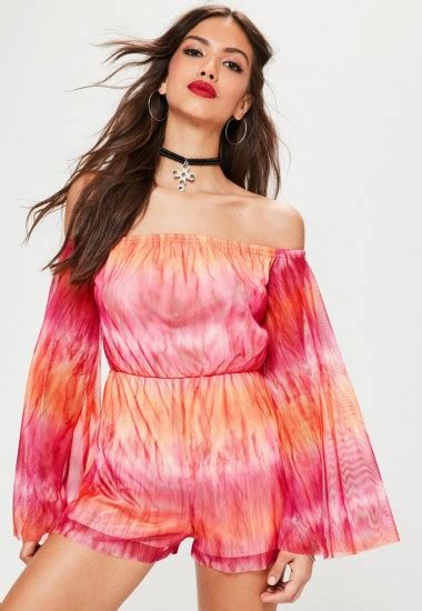 Missguided Pink Mesh Flare Long Sleeve Bardot Tie Dye Playsuit Boho