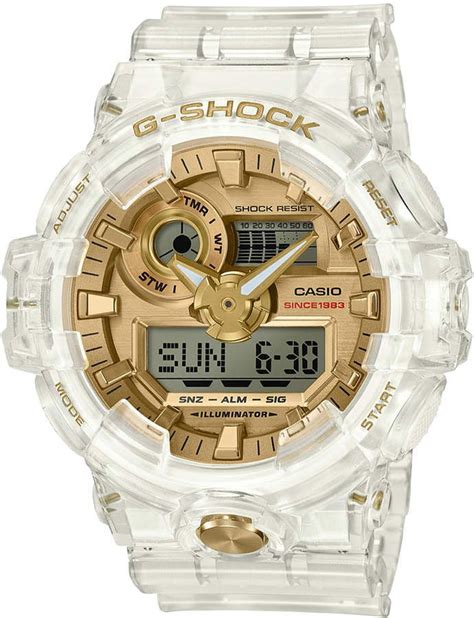 G Shock Front Button Ana Digi Clear Skeleton With Gold Face And Accents Ga735e 7a In 2019 G