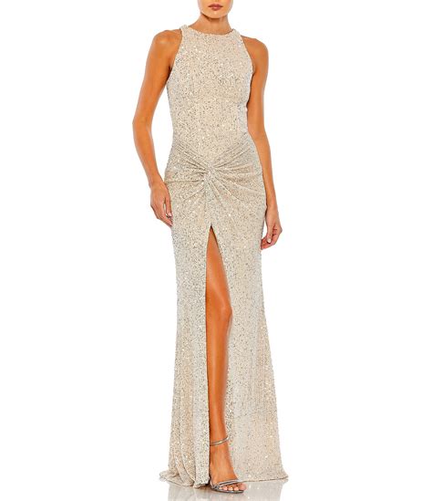 Mac Duggal Sequin Twist Front Halter Neck Sleeveless Thigh High Slit