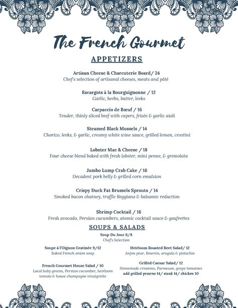 Dinner Menu The French Gourmet Pacific Beach San Diego Ca