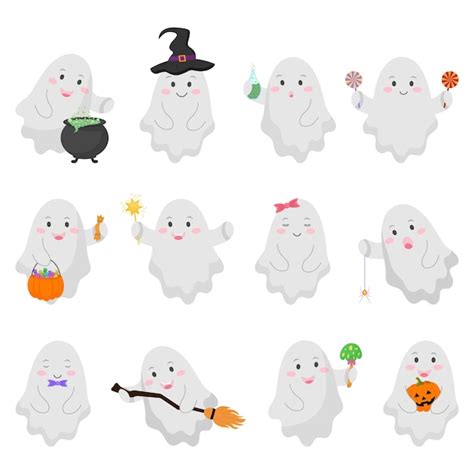 Premium Vector Set Of Cute Funny Happy Ghosts Halloween Ghosts Vector