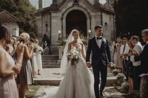 Premium Ai Image A Bride And Groom Walk Down A Church Aisle