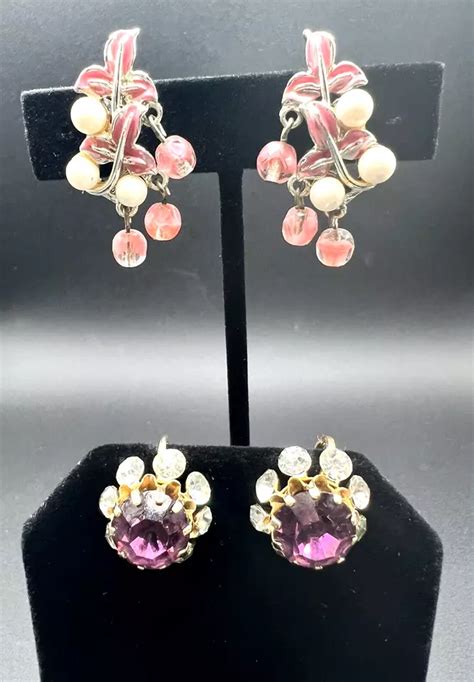 MCM Vintage Lot Of 2 PR CORO Earrings Faux Pearl Amethyst Glass Rhinestones