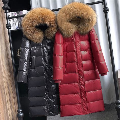 Large Natural Raccoon Fur Collar Hooded Winter Down Jacket Women 90