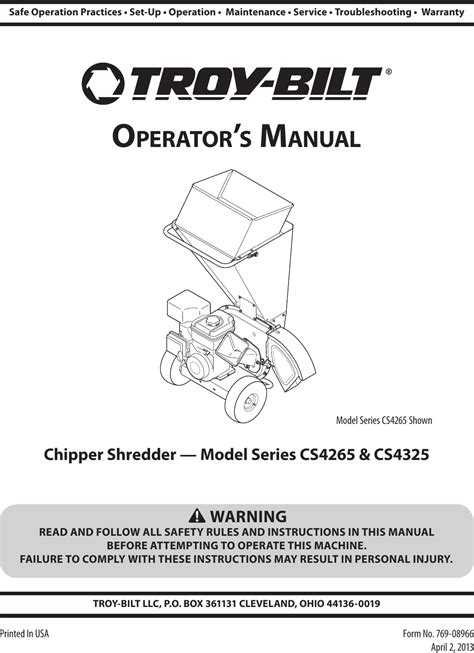 Troy Bilt Cs 4265 Chipper Shredder Owner S Manual