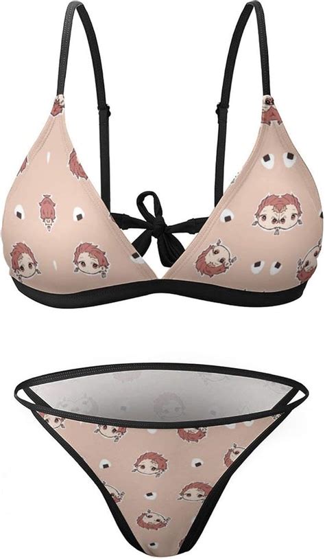zelue Demon Slayer Kimetsu no Yaiba Bikini con lazo para mujer diseño floral y rayas blanco