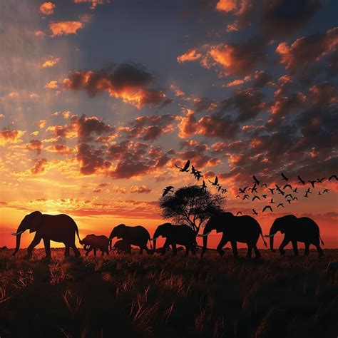 Sunset Parade Silhouette Of Large Elephant Herd Premium Ai Generated