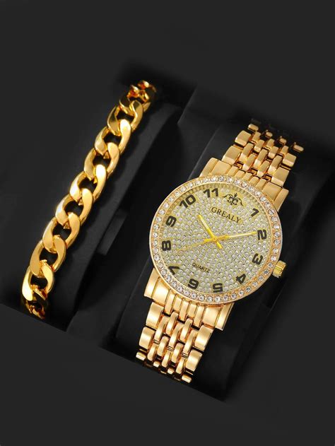 Water Resistant Multi Function Round Mens Watch And Bracelet Mens Gold
