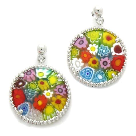 Sterling Silver Multicolor Glass Murano Millefiori Cz Dangle Round Earrings Made In Italy