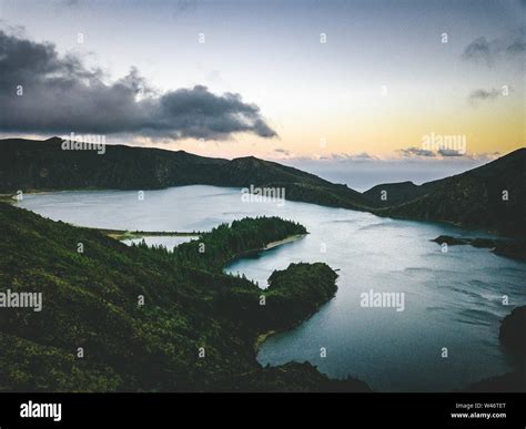 Sunset Over Beautiful Panoramic View Of Lagoa Do Fogo Lake Of Fire In