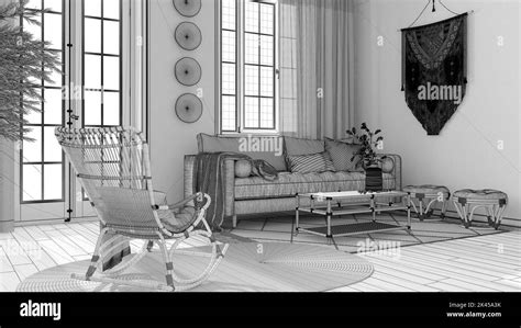 Blueprint Unfinished Project Draft Vintage Living Room In Boho Chic