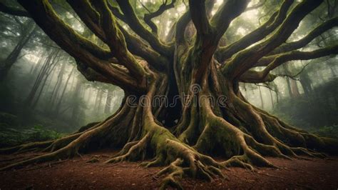 Ancient Tree with Exposed Roots in a Mystical Forest Stock Illustration ...