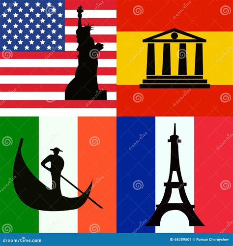 Flags Set Of America Spain Italy And France With Sights Stock Vector