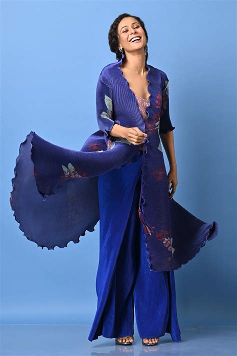 Buy Blue Pleated Polyester Mix Printed Floral Open Neck Angrakha Jacket